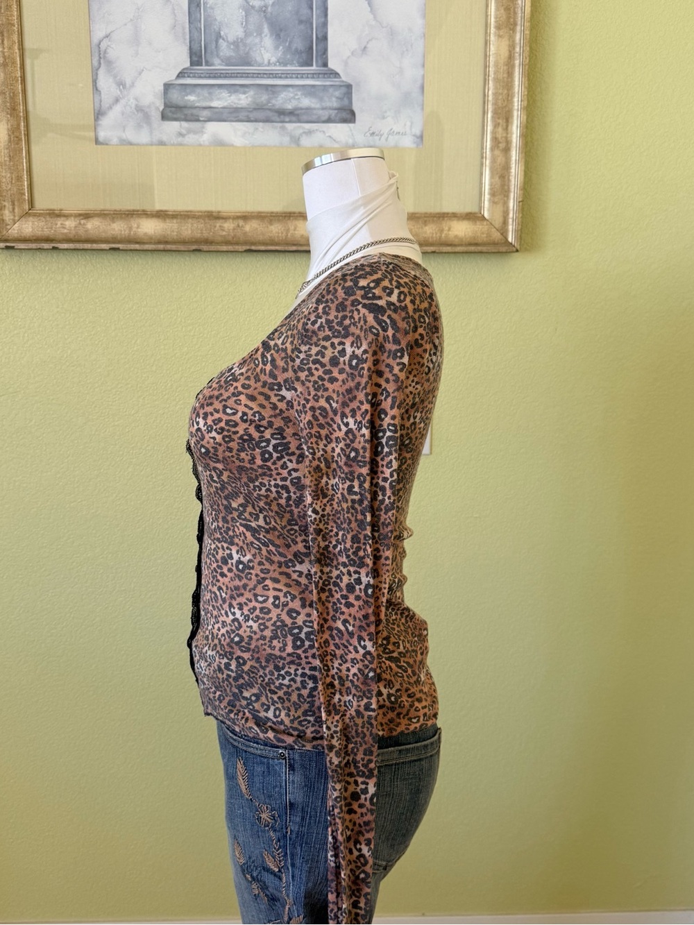 Free People Leopard-Print Long Sleeve Top with Black Lace Center - Picture 3 of 7